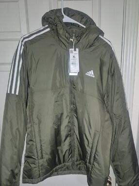 Adidas Men’s XL Olive Green Full Zip Hooded Puffer Jacket White Stripes NWT